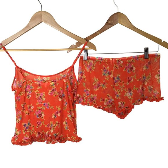 Victoria's Secret Women Y2k Floral Orange Sheer Camisole Ruffel Sexy Shorts M - Picture 2 of 10